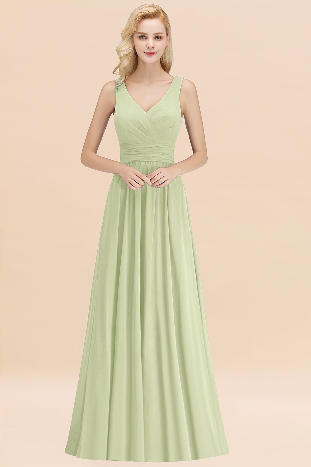 Modest Sleeveless V-Neck Long Chiffon Bridesmaid Dress Online with Ruffle-27dress