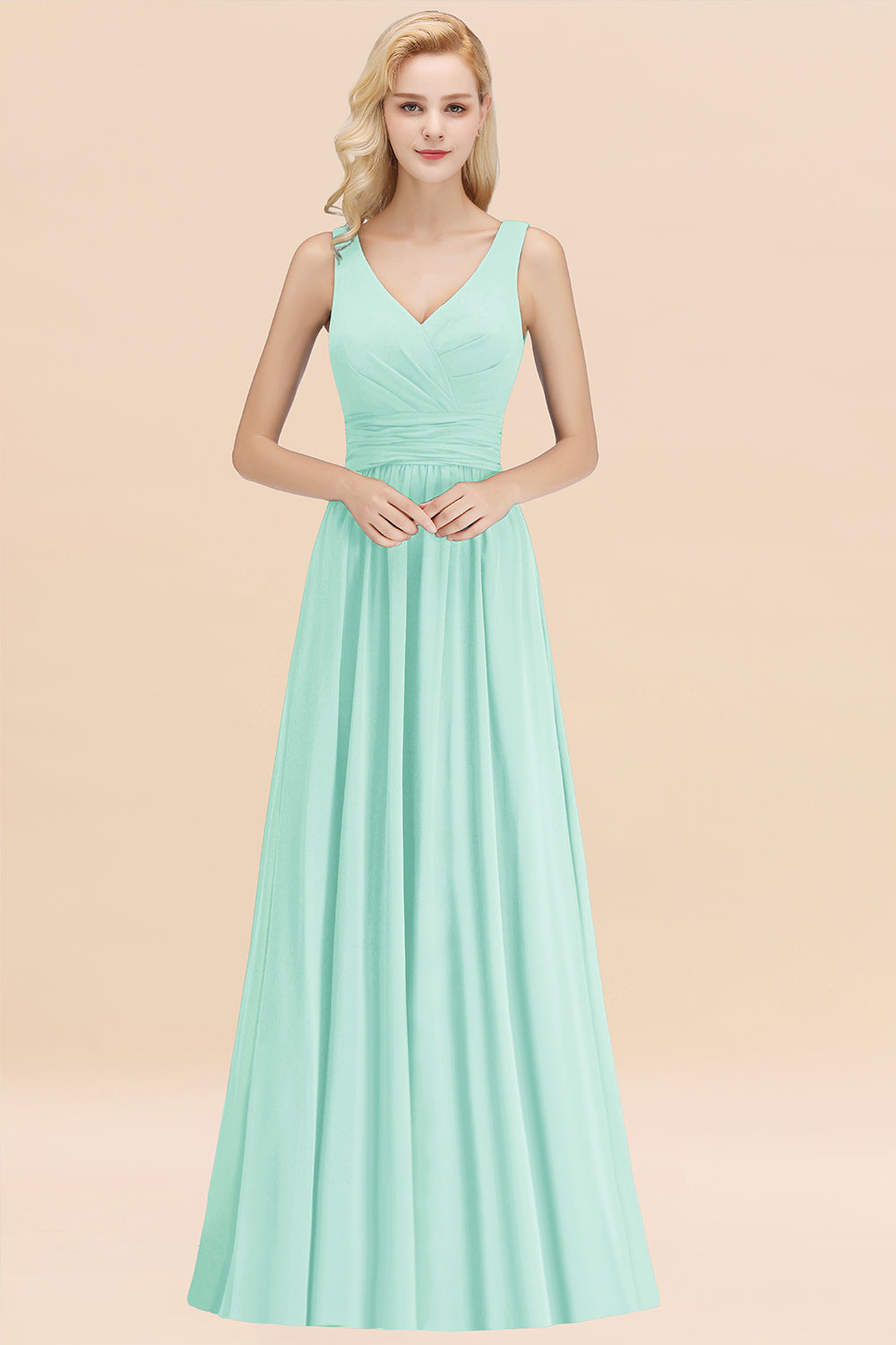 Modest Sleeveless V-Neck Long Chiffon Bridesmaid Dress Online with Ruffle-27dress