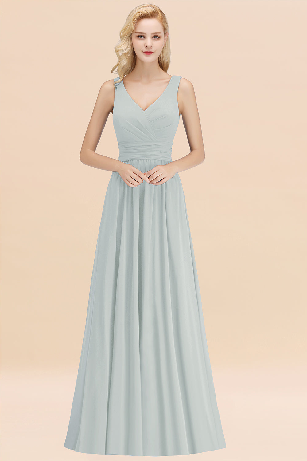 Modest Sleeveless V-Neck Long Chiffon Bridesmaid Dress Online with Ruffle-27dress