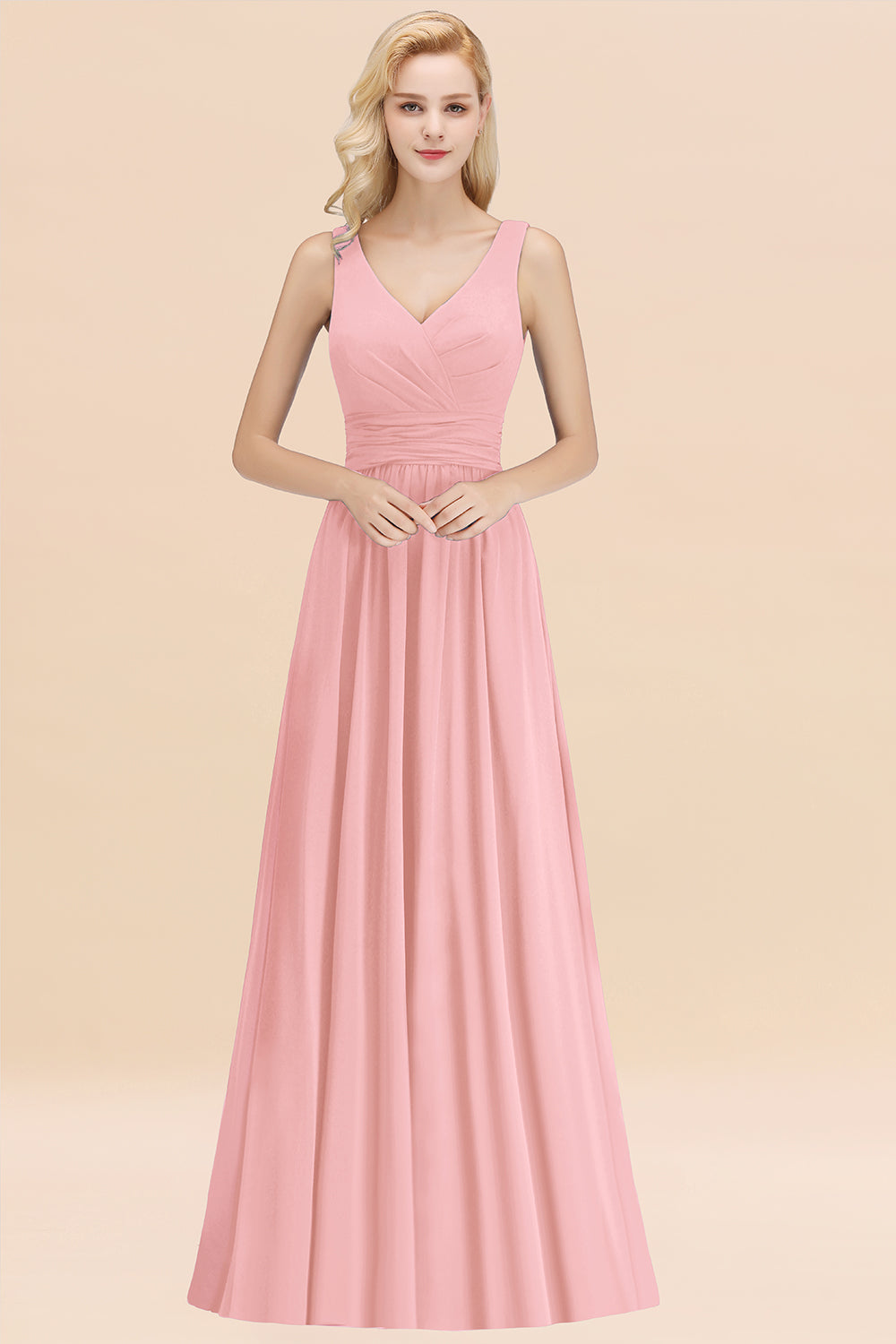 Modest Sleeveless V-Neck Long Chiffon Bridesmaid Dress Online with Ruffle-27dress