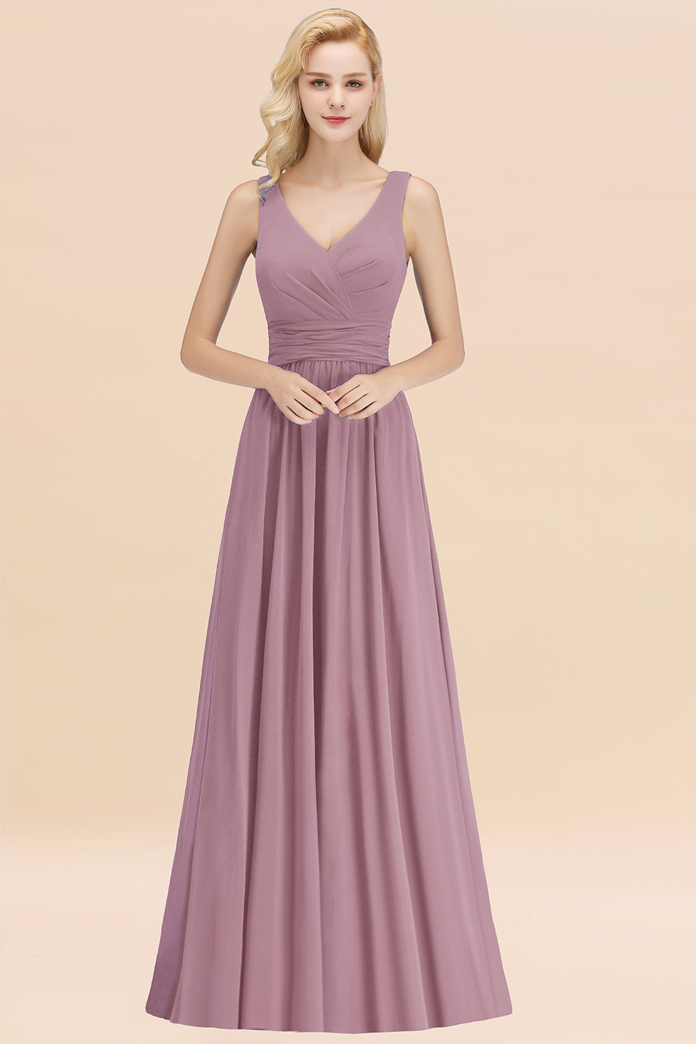 Modest Sleeveless V-Neck Long Chiffon Bridesmaid Dress Online with Ruffle-27dress