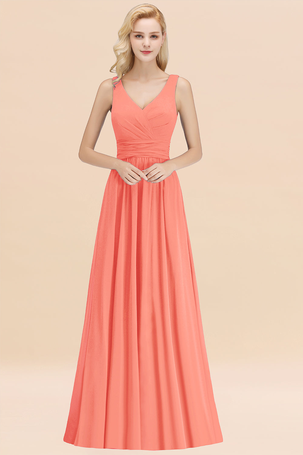 Modest Sleeveless V-Neck Long Chiffon Bridesmaid Dress Online with Ruffle-27dress