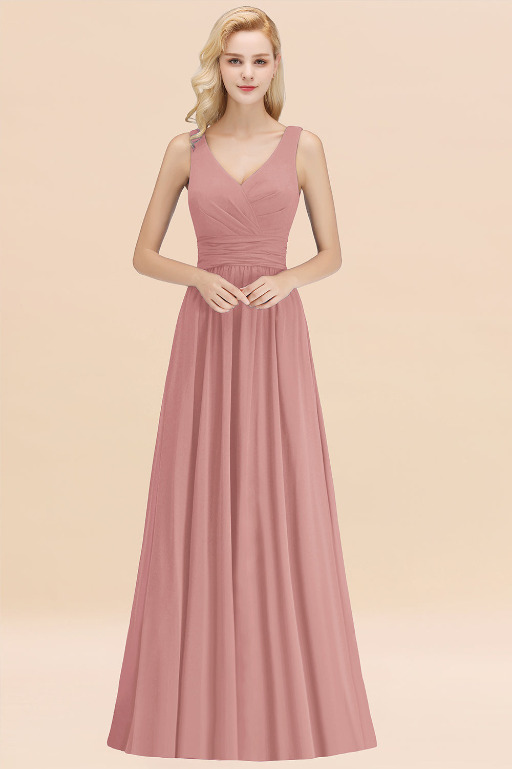 Modest Sleeveless V-Neck Long Chiffon Bridesmaid Dress Online with Ruffle-27dress