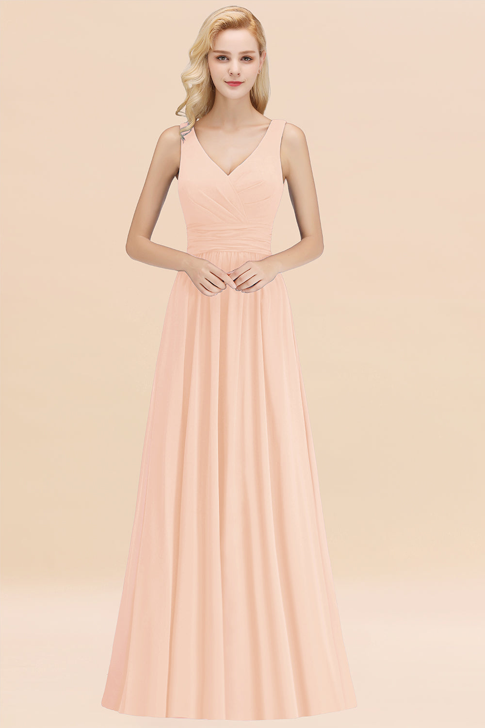 Modest Sleeveless V-Neck Long Chiffon Bridesmaid Dress Online with Ruffle-27dress