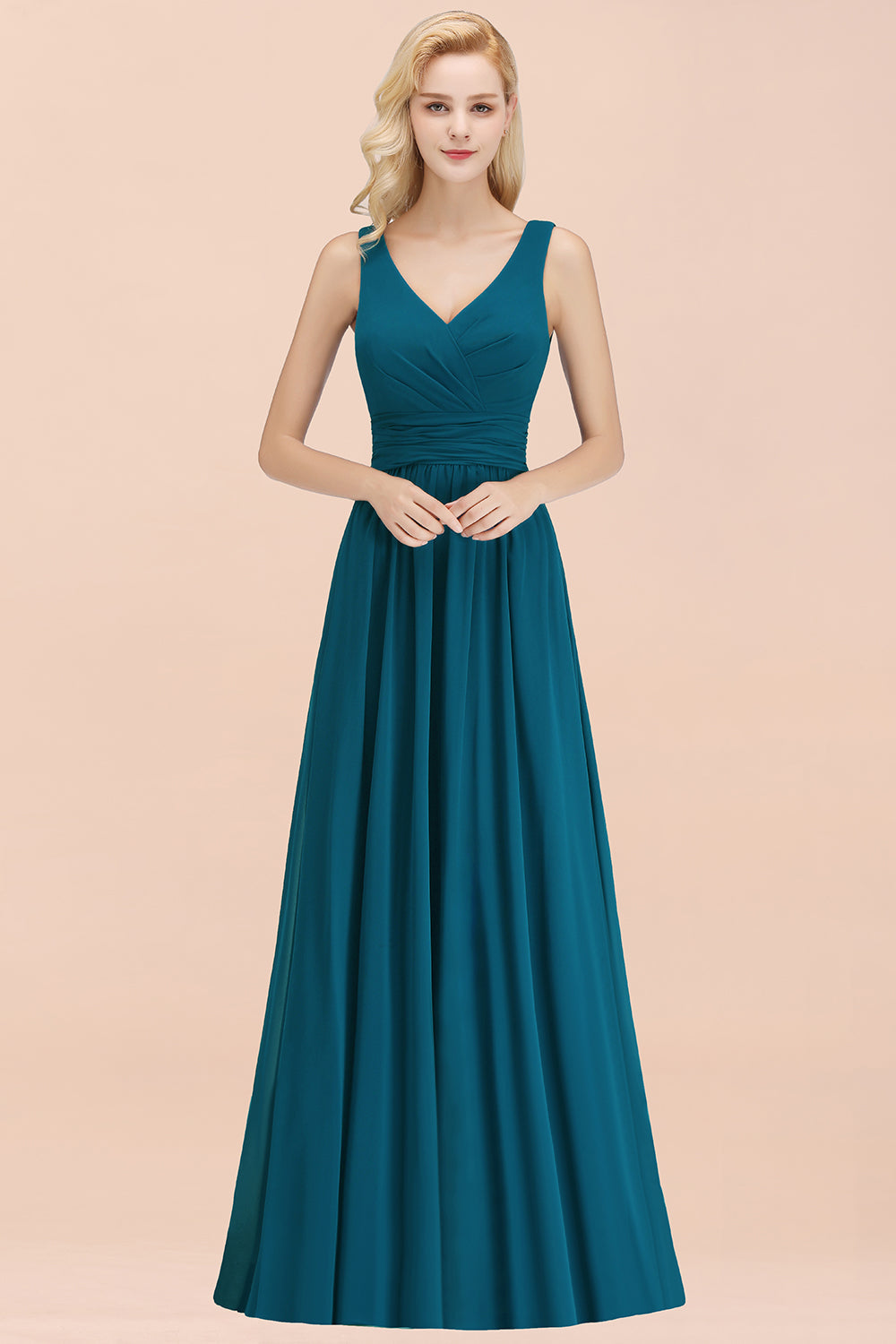 Modest Sleeveless V-Neck Long Chiffon Bridesmaid Dress Online with Ruffle-27dress