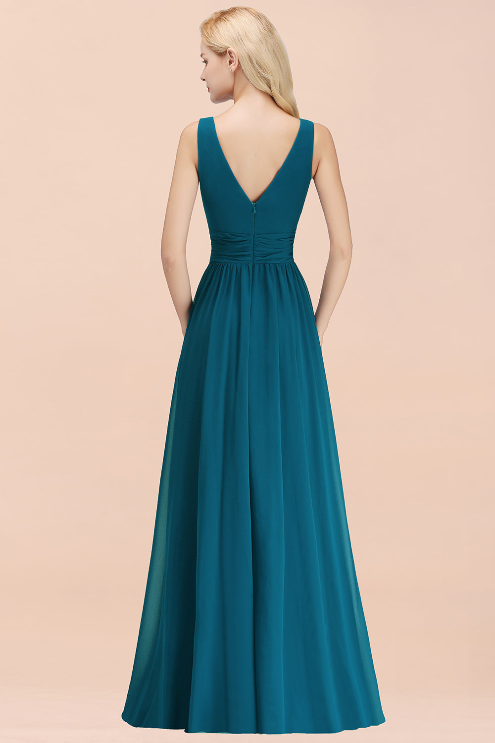 Modest Sleeveless V-Neck Long Chiffon Bridesmaid Dress Online with Ruffle-27dress