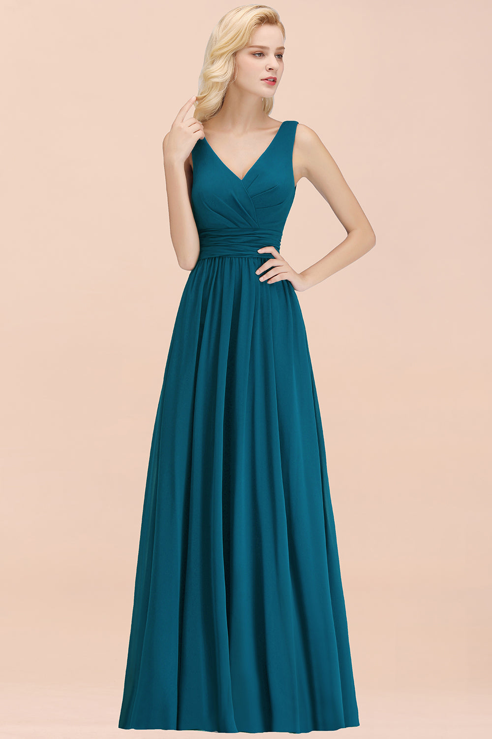 Modest Sleeveless V-Neck Long Chiffon Bridesmaid Dress Online with Ruffle-27dress