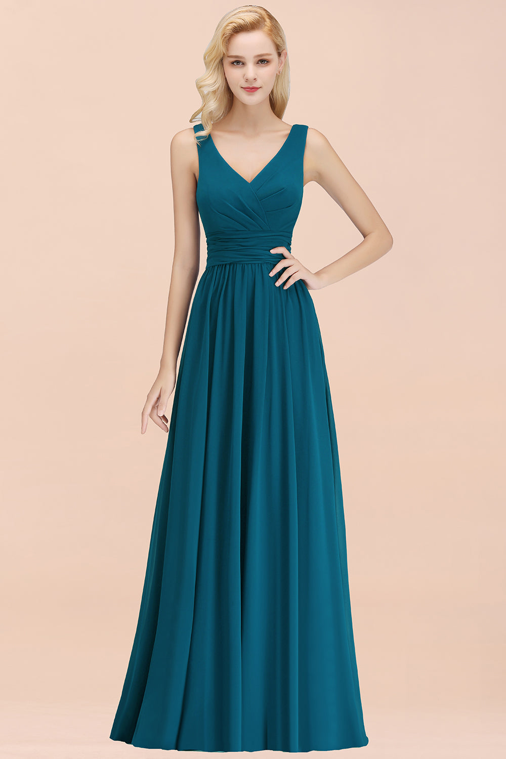 Modest Sleeveless V-Neck Long Chiffon Bridesmaid Dress Online with Ruffle-27dress