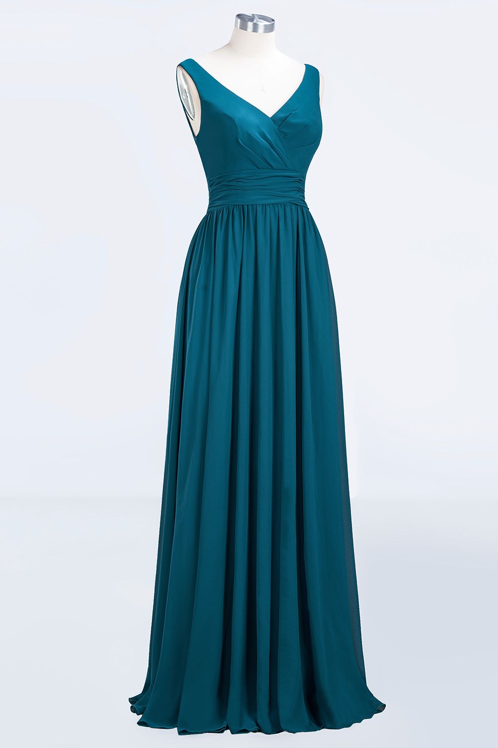 Modest Sleeveless V-Neck Long Chiffon Bridesmaid Dress Online with Ruffle-27dress