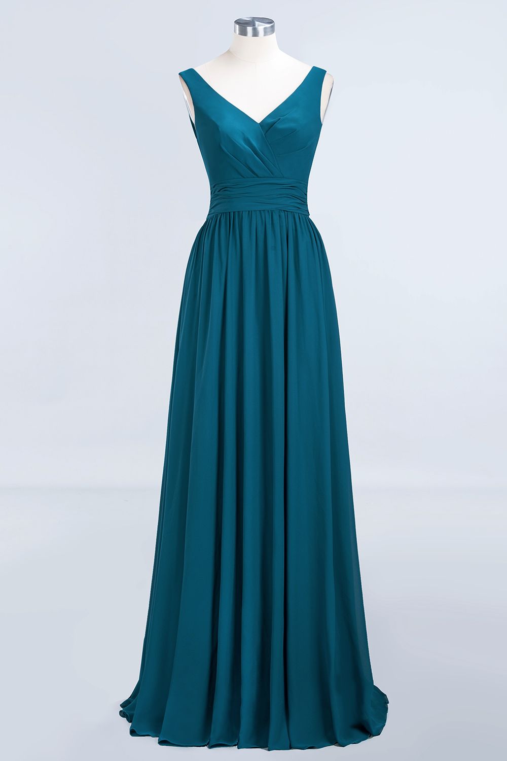 Modest Sleeveless V-Neck Long Chiffon Bridesmaid Dress Online with Ruffle-27dress