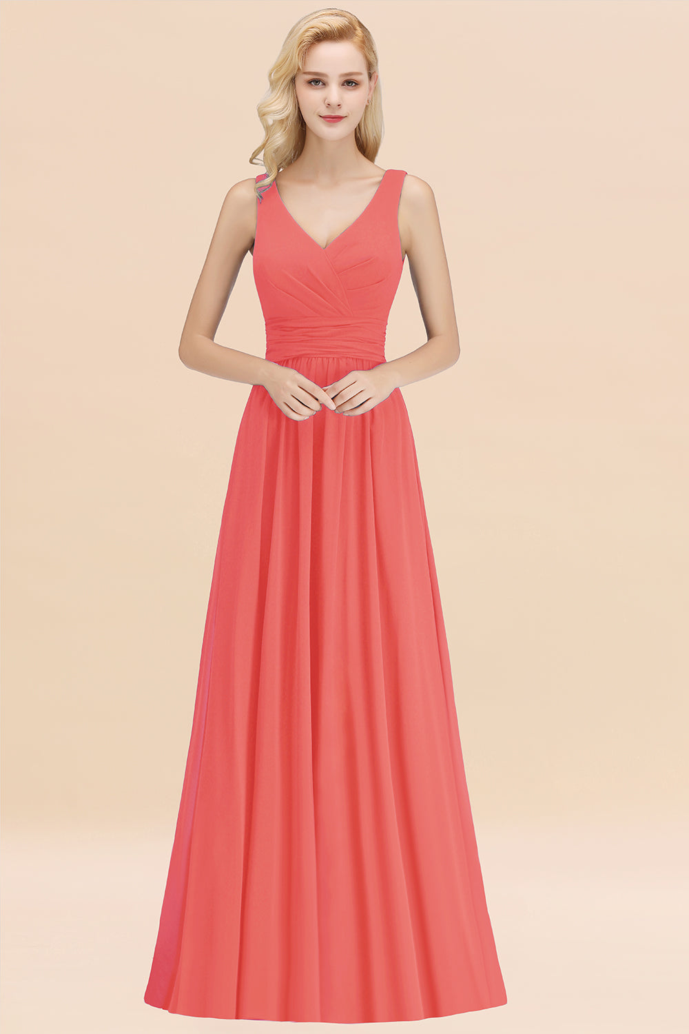 Modest Sleeveless V-Neck Long Chiffon Bridesmaid Dress Online with Ruffle-27dress