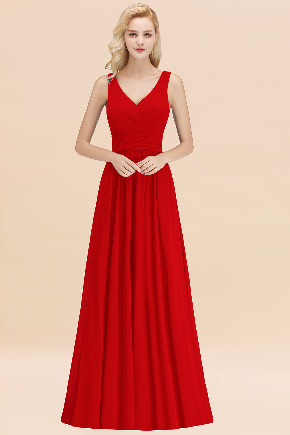 Modest Sleeveless V-Neck Long Chiffon Bridesmaid Dress Online with Ruffle-27dress