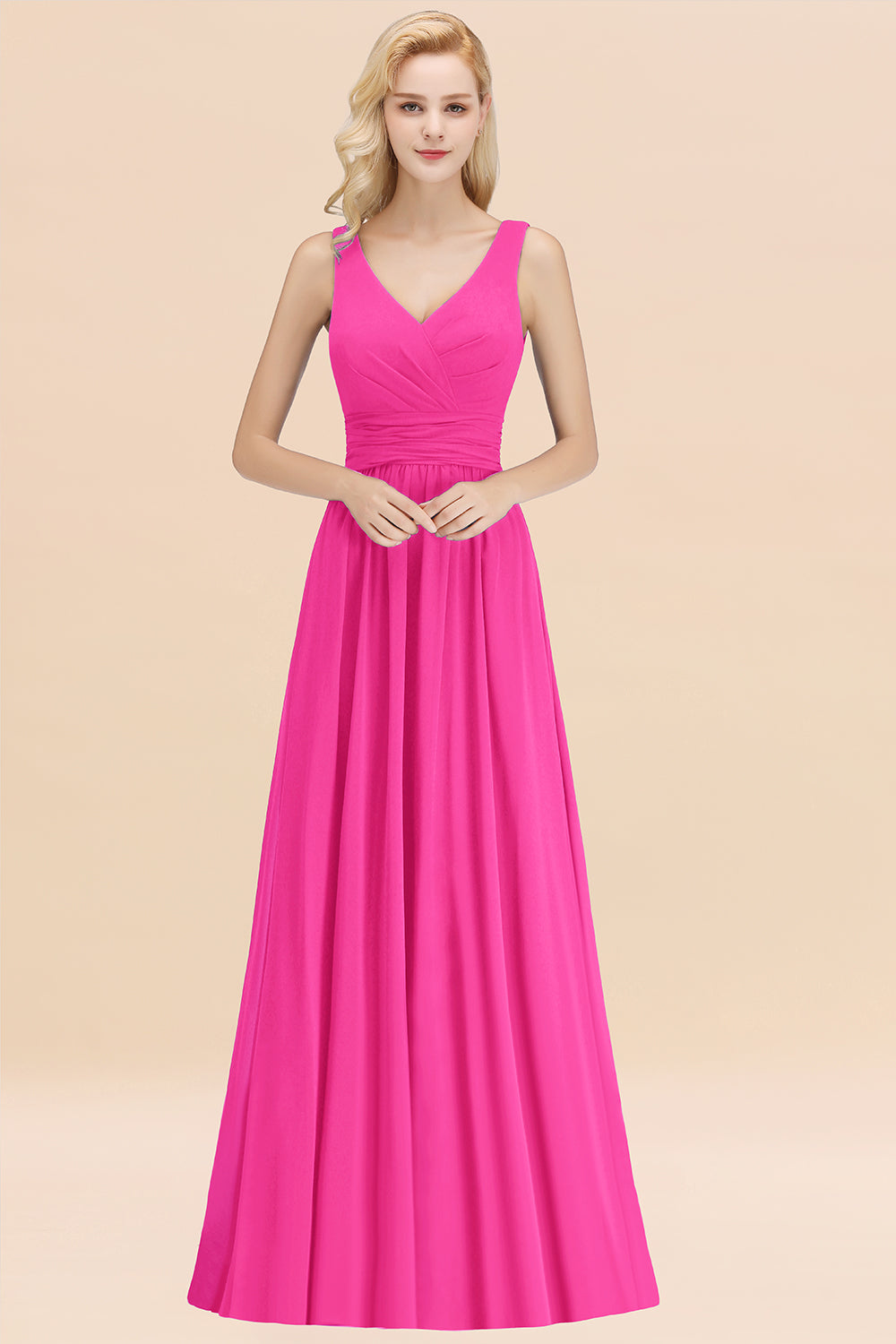 Modest Sleeveless V-Neck Long Chiffon Bridesmaid Dress Online with Ruffle-27dress