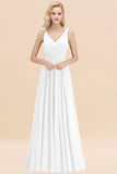 Modest Sleeveless V-Neck Long Chiffon Bridesmaid Dress Online with Ruffle-27dress