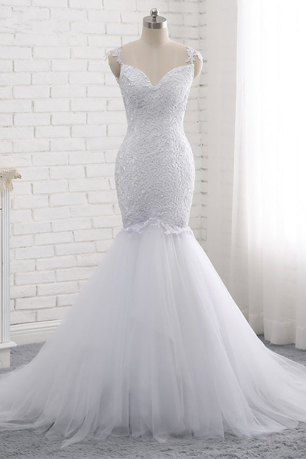 Mordern Straps V-Neck Tulle Lace Wedding Dress Sleeveless Appliques Beadings Bridal Gowns Online-27dress