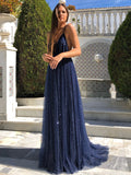 Navy Blue Long A-line V Neck Backless Sparkly Open Back Formal Evening Prom Dresses-27Dress