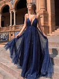 Navy Blue Long A-line V Neck Backless Sparkly Open Back Formal Evening Prom Dresses-27Dress