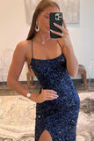 Navy Blue Long Strapless Sequin Backless Mermaid Prom Dress with Slit-27dress