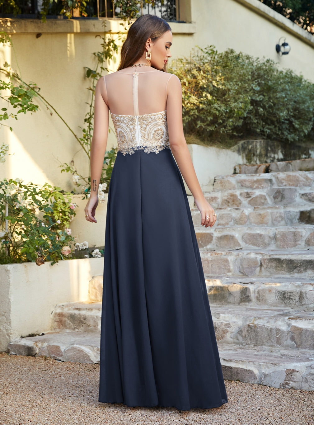 Dark Navy A-line Scoop Chiffon Appliques Floor-Length Dresses 27Dress 2