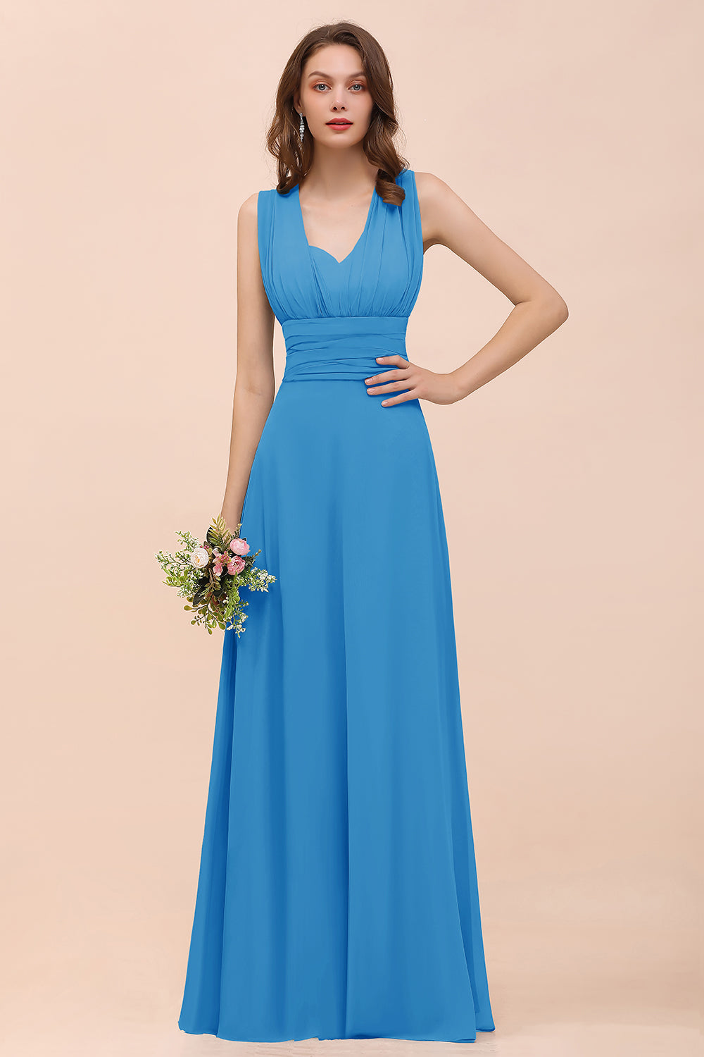 New Arrival Dusty Blue Ruched Long Convertible Bridesmaid Dresses-27dress