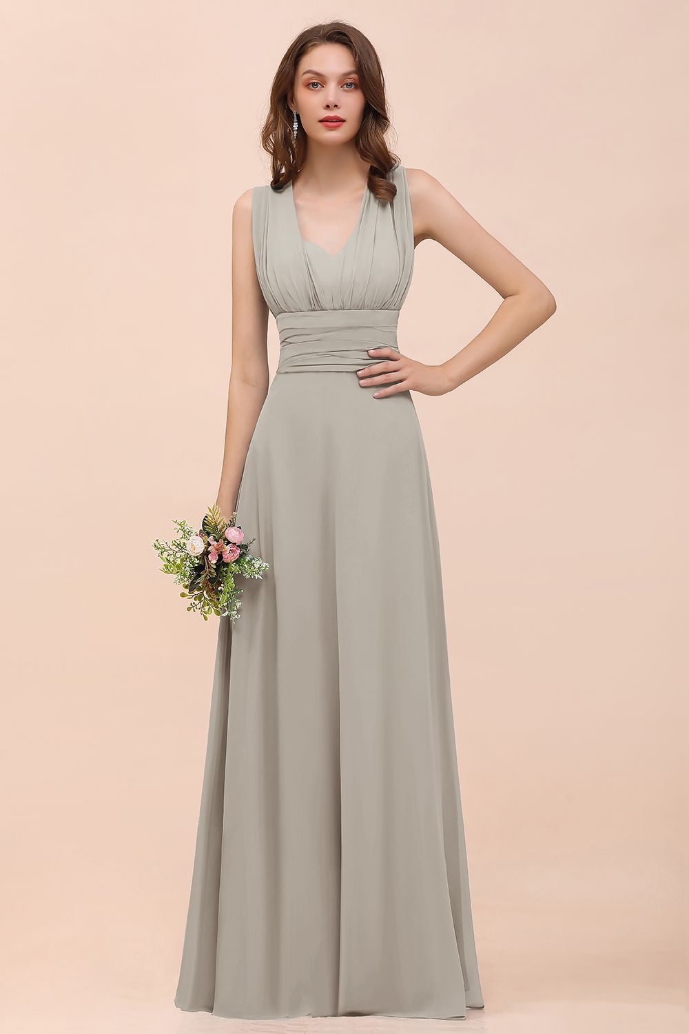 New Arrival Dusty Blue Ruched Long Convertible Bridesmaid Dresses-27dress