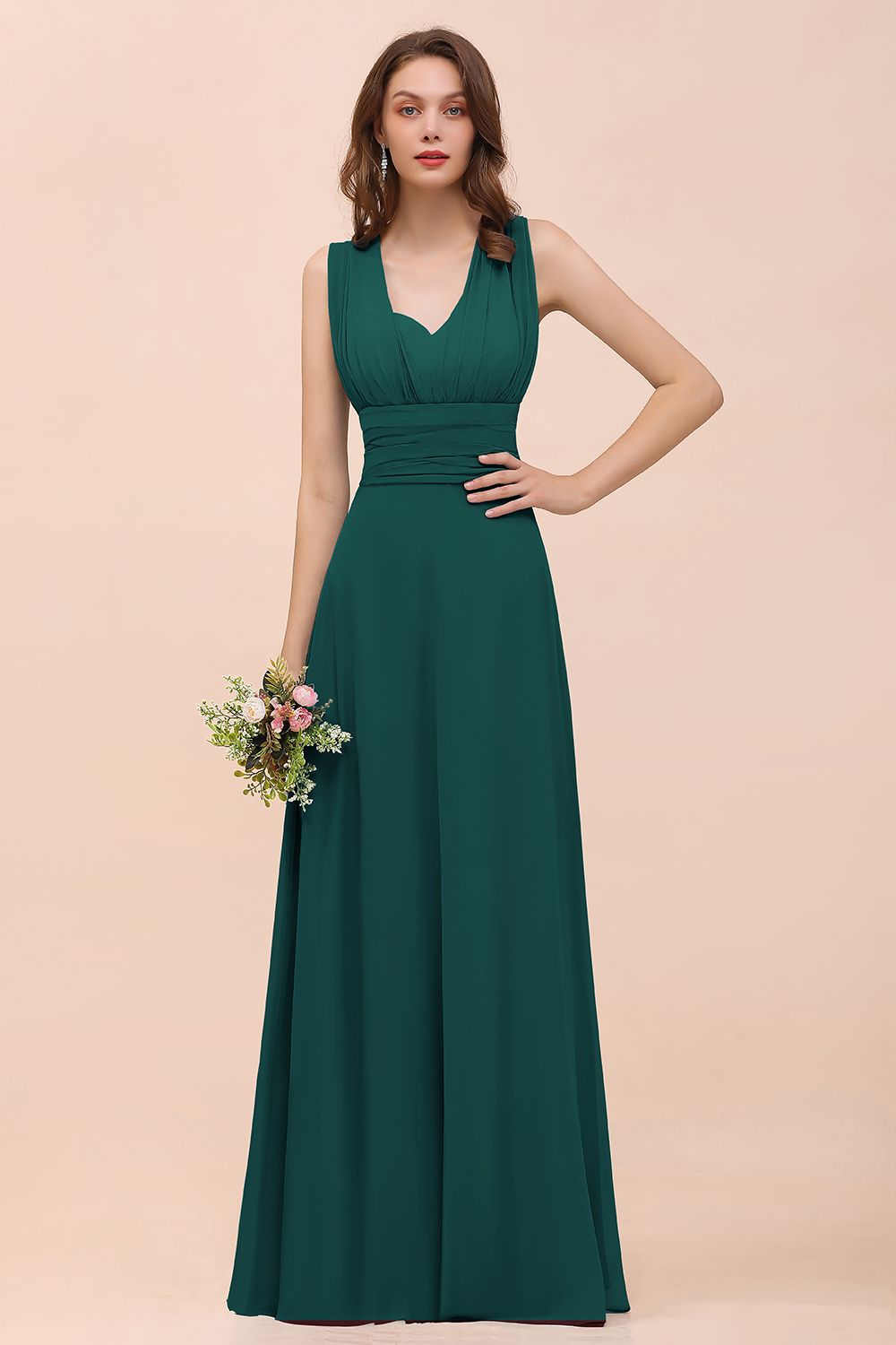 New Arrival Dusty Blue Ruched Long Convertible Bridesmaid Dresses-27dress