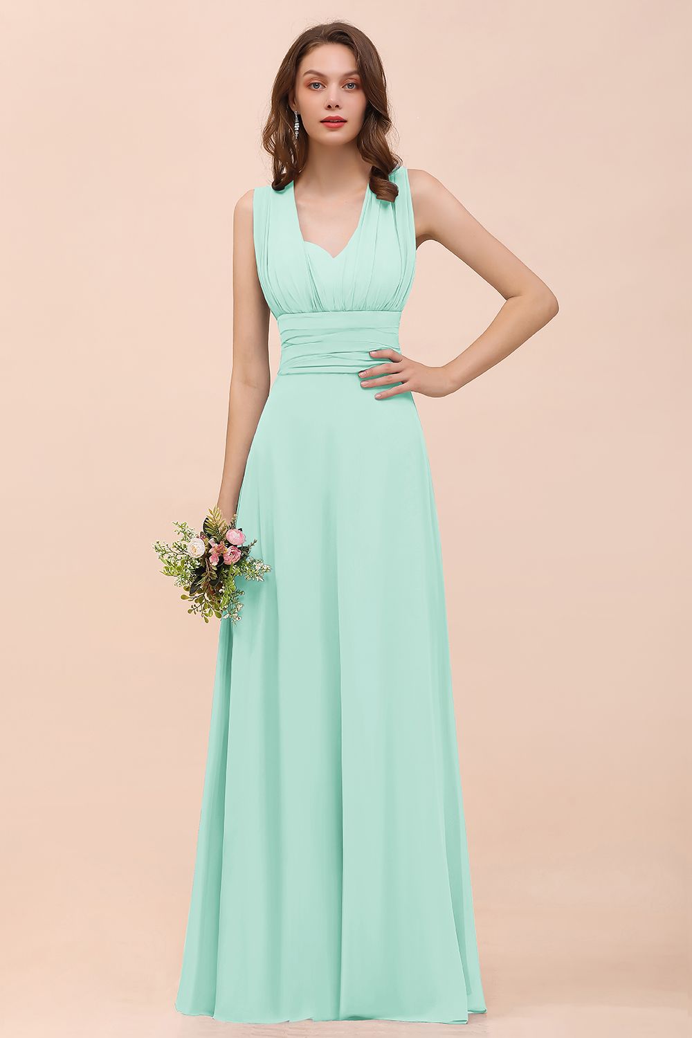 New Arrival Dusty Blue Ruched Long Convertible Bridesmaid Dresses-27dress