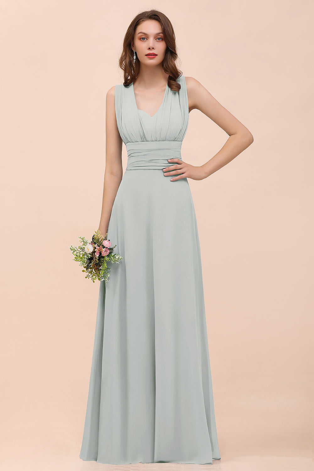 New Arrival Dusty Blue Ruched Long Convertible Bridesmaid Dresses-27dress