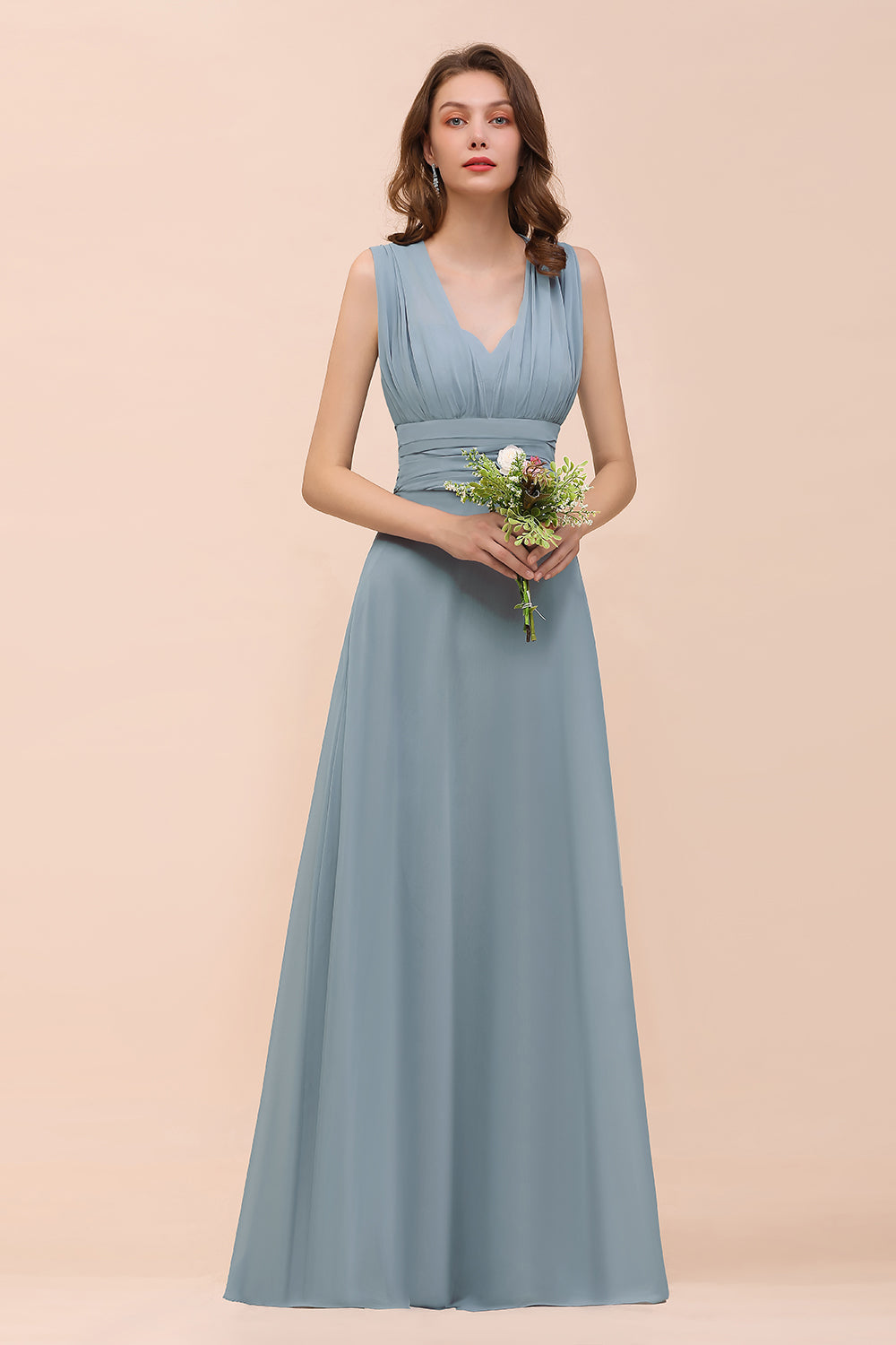 New Arrival Dusty Blue Ruched Long Convertible Bridesmaid Dresses-27dress