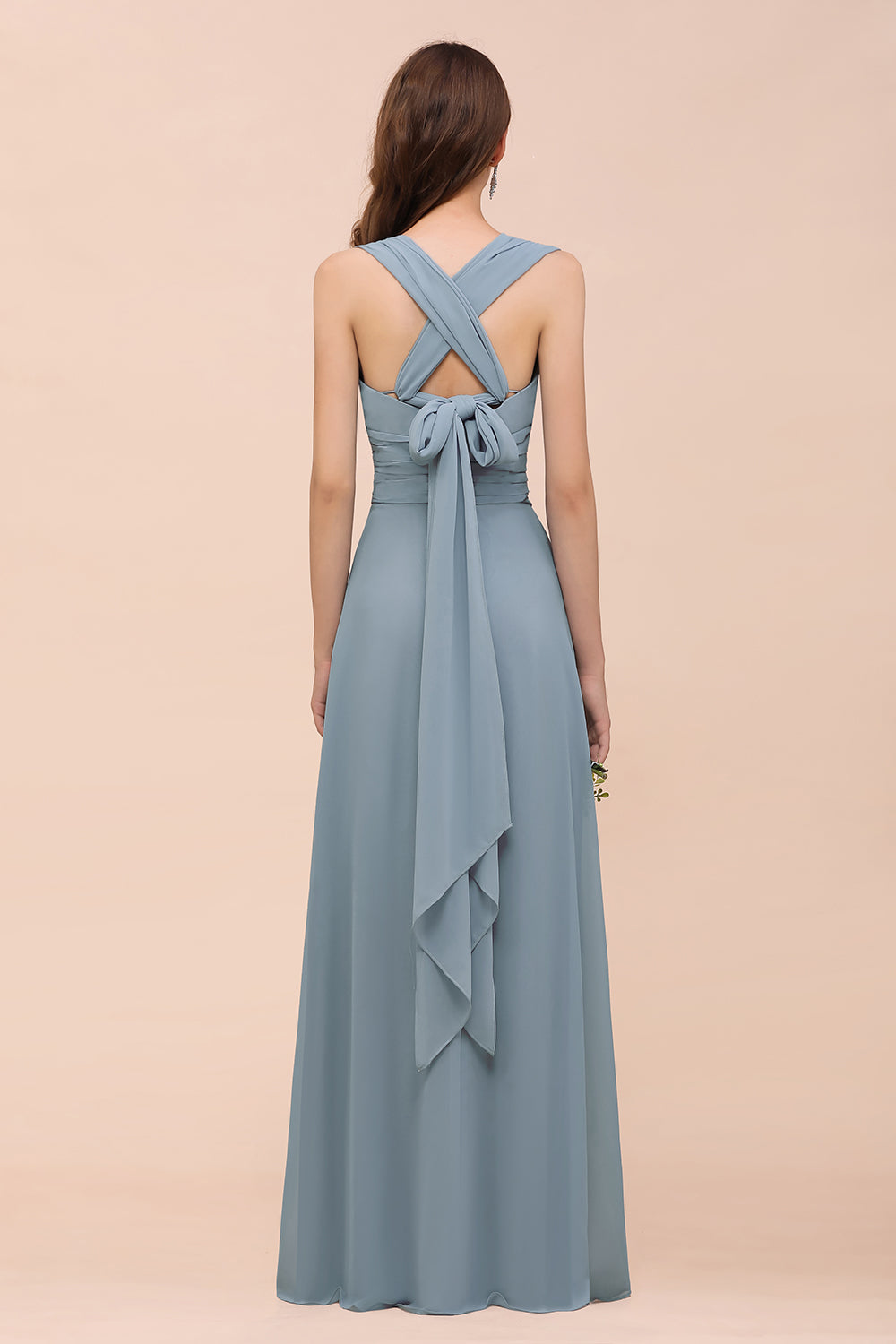 New Arrival Dusty Blue Ruched Long Convertible Bridesmaid Dresses-27dress