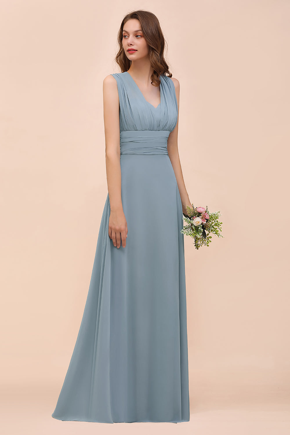 New Arrival Dusty Blue Ruched Long Convertible Bridesmaid Dresses-27dress