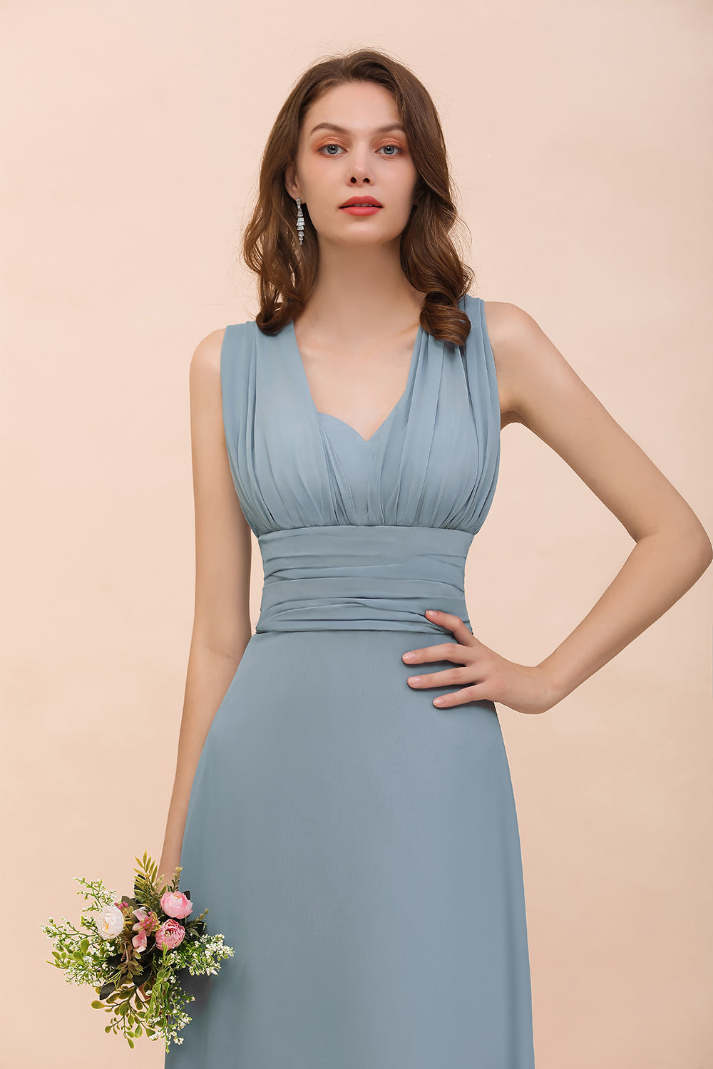 New Arrival Dusty Blue Ruched Long Convertible Bridesmaid Dresses-27dress