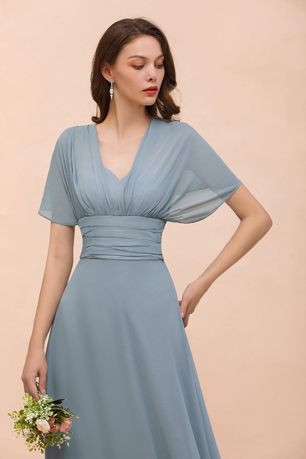 New Arrival Dusty Blue Ruched Long Convertible Bridesmaid Dresses-27dress