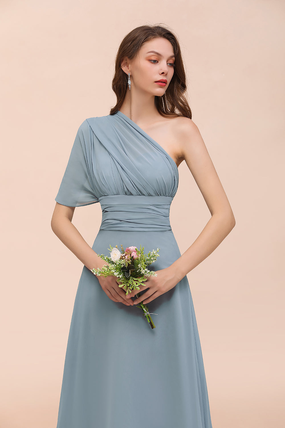 New Arrival Dusty Blue Ruched Long Convertible Bridesmaid Dresses-27dress