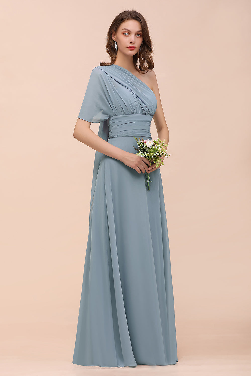 New Arrival Dusty Blue Ruched Long Convertible Bridesmaid Dresses-27dress