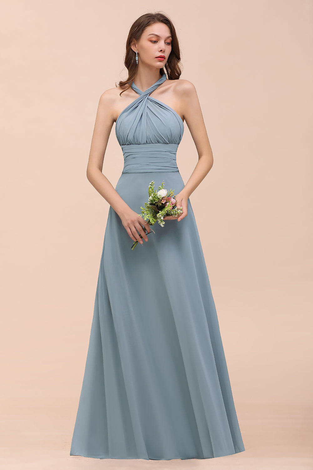 New Arrival Dusty Blue Ruched Long Convertible Bridesmaid Dresses-27dress