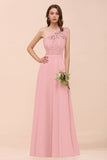 New Arrival Dusty Rose One Shoulder Lace Long Bridesmaid Dress-27dress