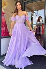 Off-Shoulder A-line Chiffon Applique Lace-Up Long Prom Dress