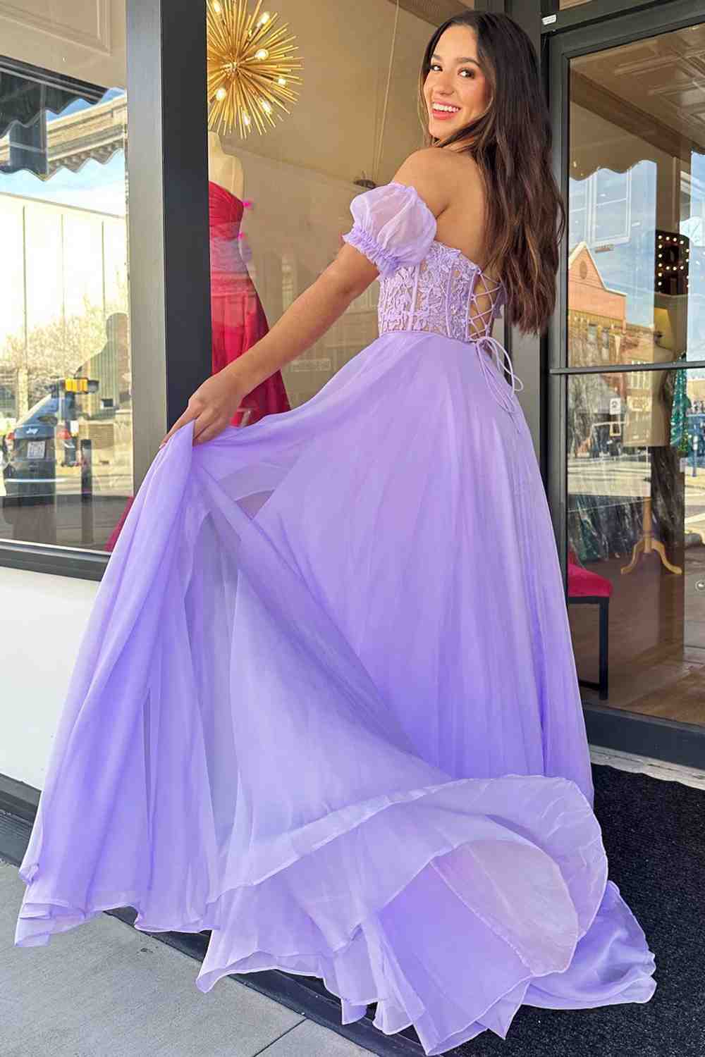 Off-Shoulder A-line Chiffon Applique Lace-Up Long Prom Dress