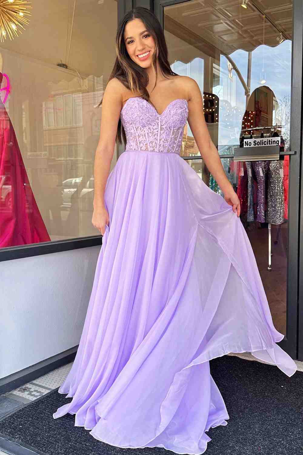 Off-Shoulder A-line Chiffon Applique Lace-Up Long Prom Dress