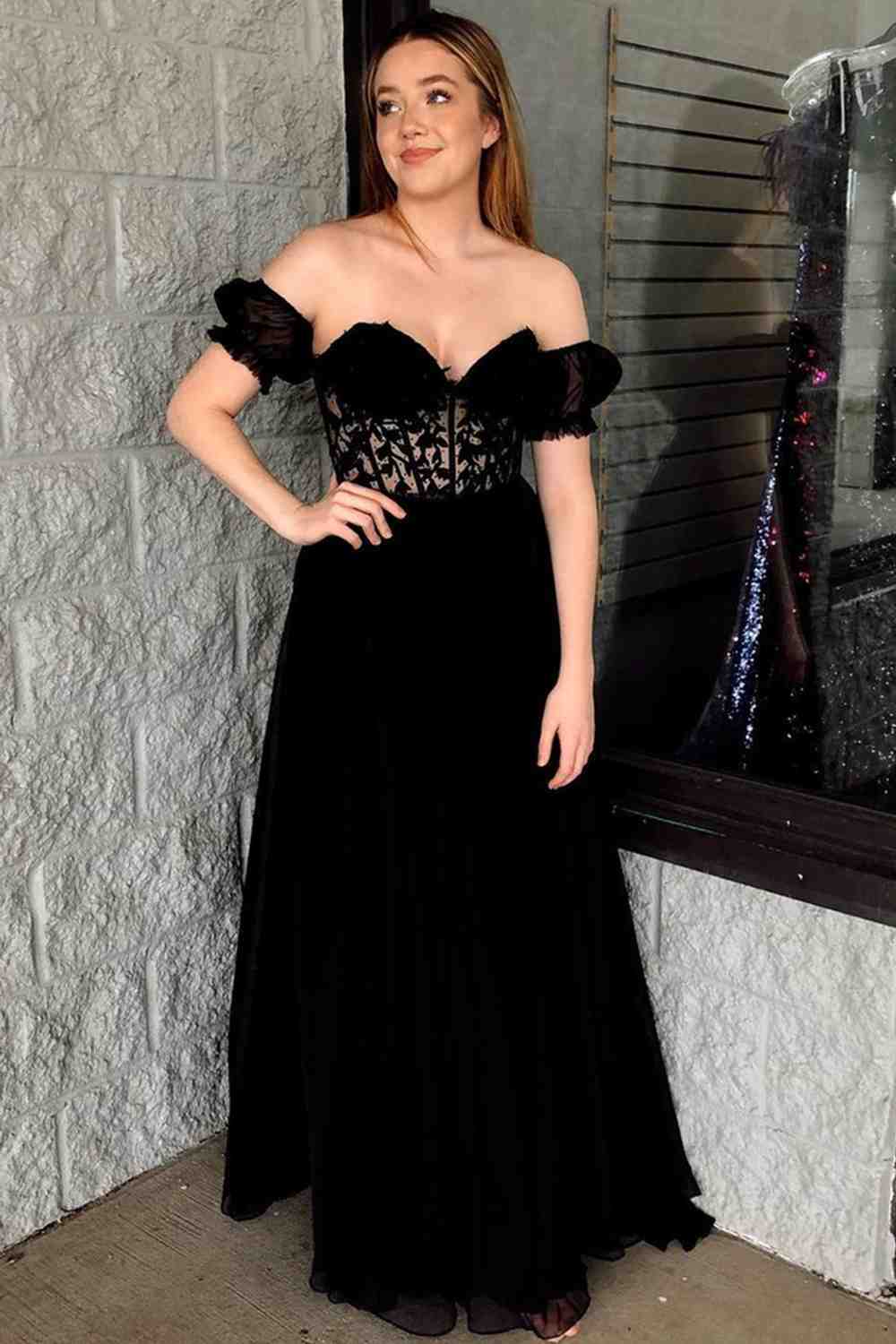 Off-Shoulder A-line Chiffon Applique Lace-Up Long Prom Dress