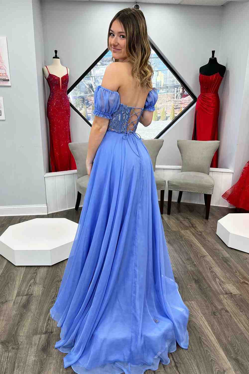 Off-Shoulder A-line Chiffon Applique Lace-Up Long Prom Dress