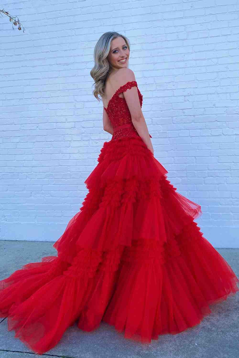 Off-Shoulder A-line Tulle Ruffles Layers Applique Long Prom Dress