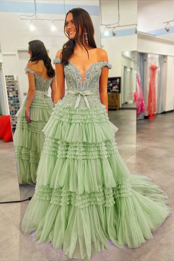 Off-Shoulder A-line Tulle Ruffles Layers Applique Long Prom Dress