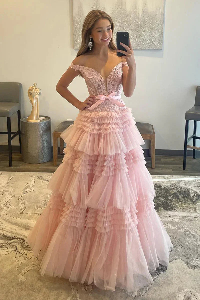 Off-Shoulder A-line Tulle Ruffles Layers Applique Long Prom Dress