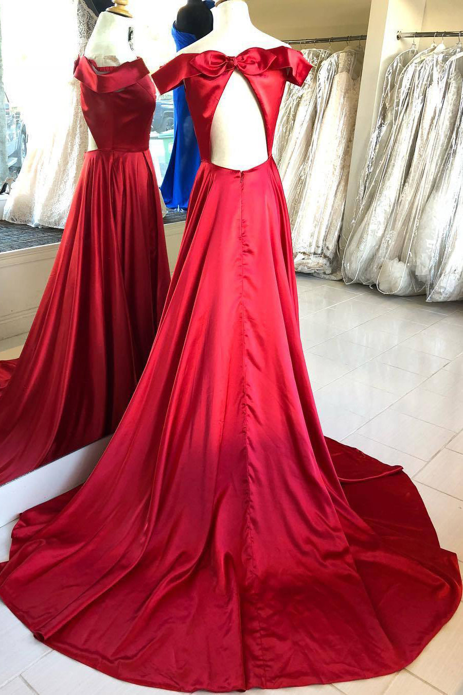 Off Shoulder Long Red Prom Dress with Keyhole Back