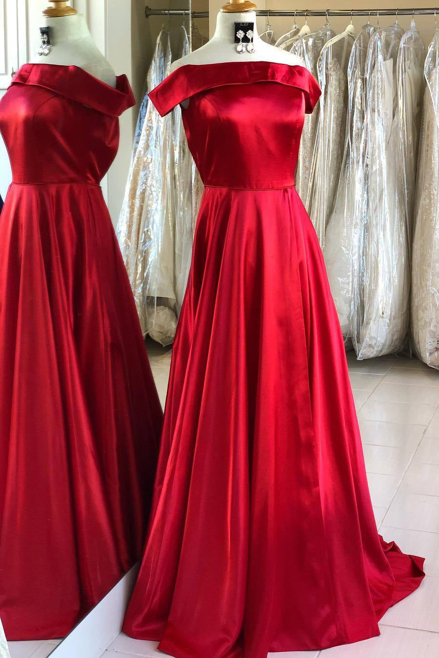 Off Shoulder Long Red Prom Dress with Keyhole Back