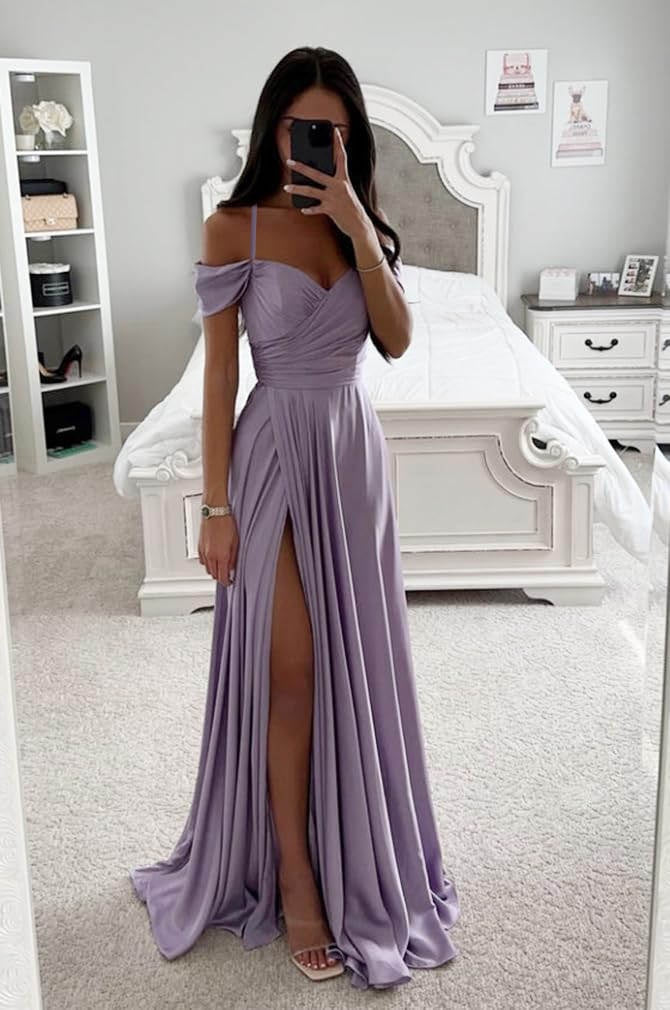 Off-the-Shoulder A-Line Long Prom Dress with High Slit-27dress