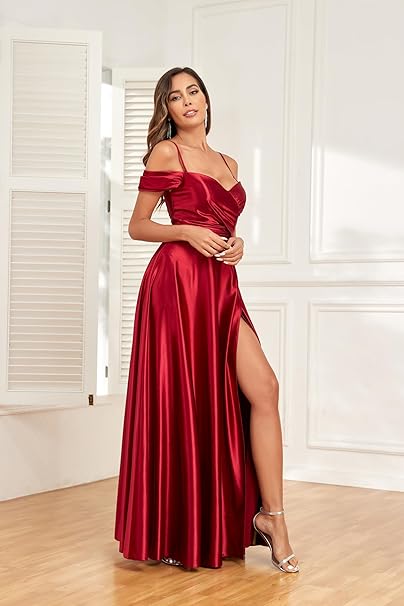 Off-the-Shoulder A-Line Long Prom Dress with High Slit-27dress