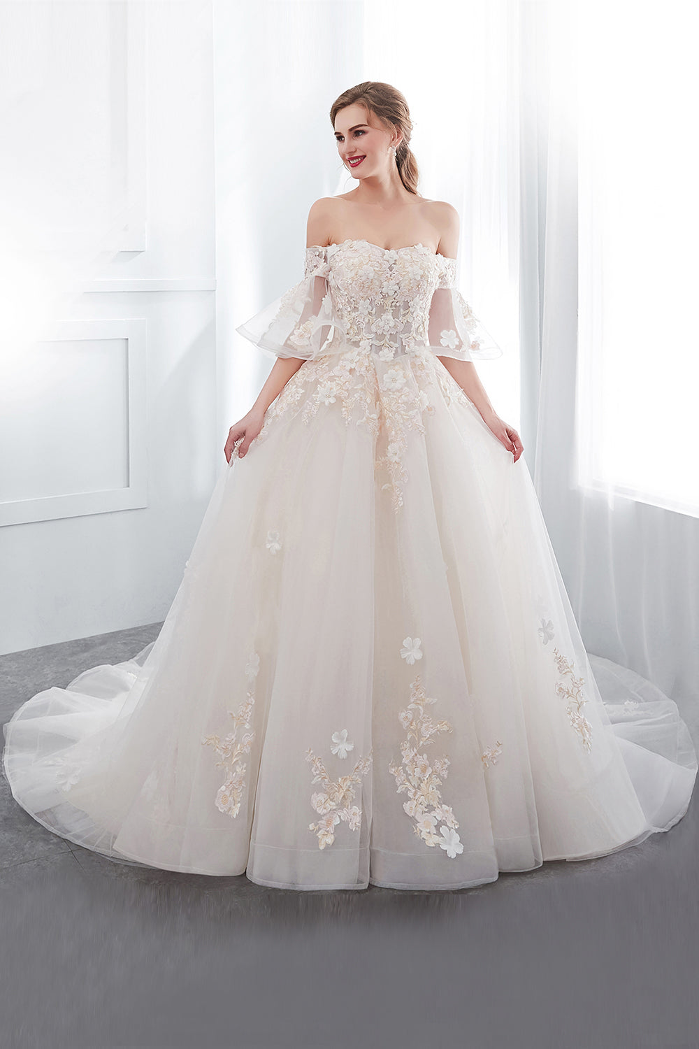 Off-the-shoulder Appliques Ball Gown Wedding Dress Online-27dress